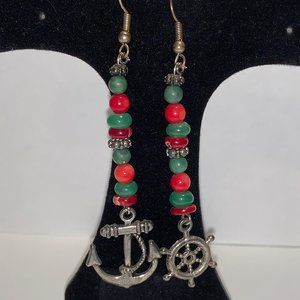 Red Coral and Aventurine Nautical Dangle Earrings